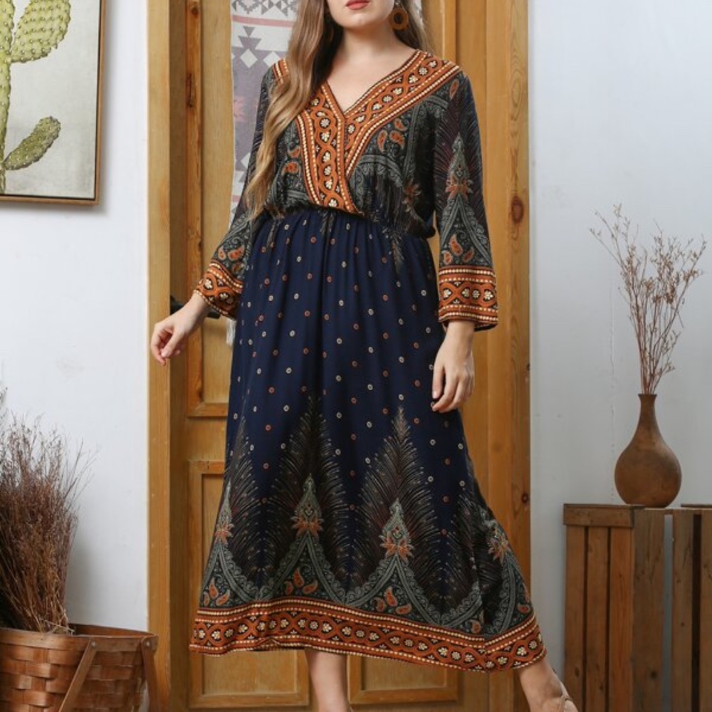 Plus Paisley Print V neck Midi Dress Cottagecore - Picture 4 of 5